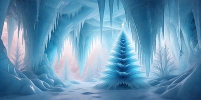 The primary subject of the image is a blue, crystal-like Christmas tree. The setting is a snowy, icy environment with a cave-like background. The visual style is a digital art or illustration, creating a unique and captivating scene. The dominant colors are blue and white, giving the image a cool and festive atmosphere.